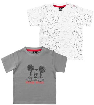 Disney Mickey Mouse Baby T-Shirt für Jungen und Mädchen - Shirt Babykleidung Kurzarm Weiß Grau (2er Pack)