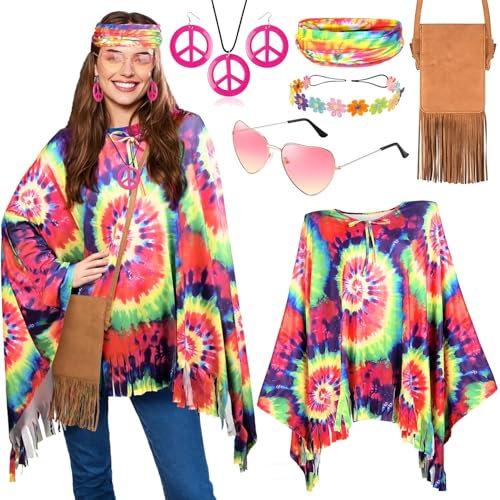 iZoeL Costume Hippie Femme : Top Cape, Accessoires Hippie, Carnaval, Disco, Halloween
