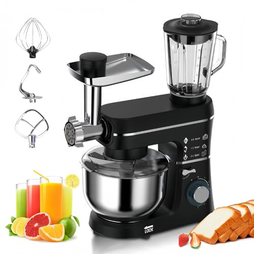 5 In 1 Multifunctional Stand Mixer w/10L Bowl 1400W 6 Speed Stainless Steel Multi-function Kitchen Electric Mixer with Dough Hook, Whisk, Beater, Meat Grinder, Juice Blender, Splash Guard,Black