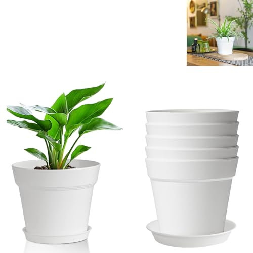 Pots de Fleurs, 6 Pcs Pots de Plastique, Pot de Fleurs en Plastique de 8,8 cm avec Plateau, Culture Ronds, pour l'intérieur et Le Balcon Succulentes Cactus, Blanc