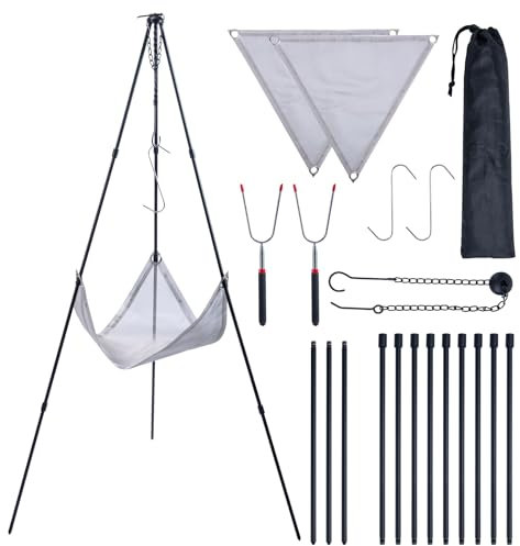 CHANGEMOORE Campfire Tripod BBQ with 2Pcs Mesh Panel, Adjustable 54–108cm Height, Foldable Aluminum Cooking Tripod with Storage Bag for BBQ, Garden, Camping, Picnic and Outdoor Use