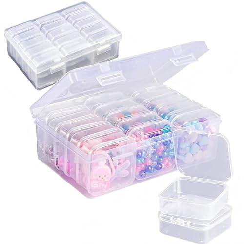 LEMIKKLE 2 PCS Organizer Box - 32 PCS Clear Bead Storage Box with Hinged Lid for Diamond Art Storage, Toys, Arts, Crafts, Beads, Small Parts
