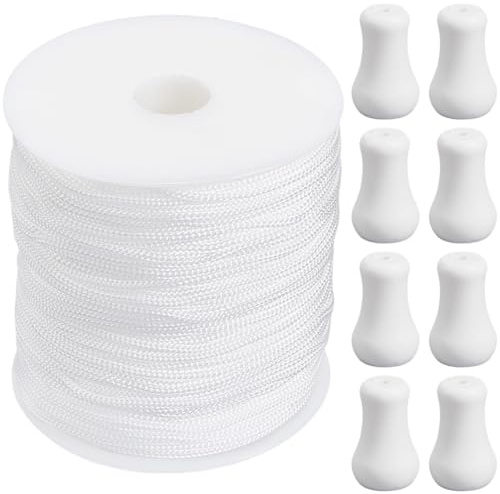 SOFPLATE Cordon de Store Romain de 100 m/109 Yards 2mm avec 15 Boutons en Bois Blanc Kit de Corde Ronde en Nylon Résistant aux Intempéries Accessoires pour Rideau de Fenêtre Romain à Faire Soi Même