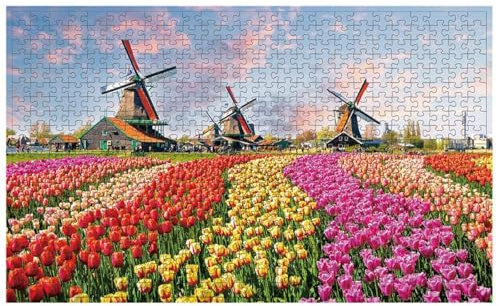500 Pieces Mini Jigsaw Puzzle for Adults Windmill and Tulips Jigsaw Puzzles Jigsaws Holland Dutch Scenery Windmill Flower Field Puzzle Home Decoration 18 x 11 Inch