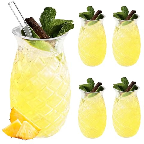 WIYETY 4er Set Ananas Gläser: 400ml Klares Cocktailbecher mit Ananas-Relief, Wiederverwendbar Partygläser, Saftgläser, Longdrinkglas in Ananasform perfekt für zu Hause, Restaurants und Party