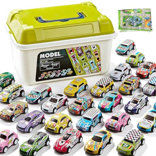WFKKMEQ Auto Spielzeug Set, 30 Stück Mini Spielzeugautos mit Spielmatte Metall Zurückziehen Pull Back Autos Modellauto Autos Zurückziehen Fahrzeuge Cars Spielzeug Geschenk für Kinder