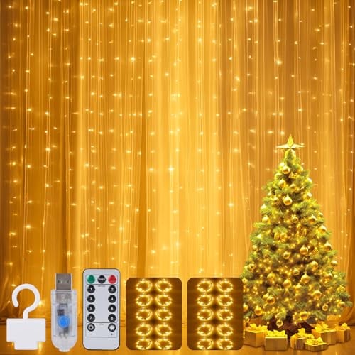 Jixviqi 【2 Stück】 lichtervorhang Innen 3x3m, 300 LED Lichterketten Vorhang mit Fernbedienung, 10 Haken, LED Vorhang USB für Weihnachts Deko Fenster Wand Zimmer Party Gardine Balkon (Warmweiß | 2stk)