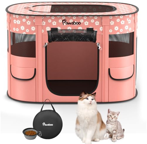 Pawaboo Parc Enclos Pliable Chien Chat, Enclos Intérieur Extérieur Portable, Cage Clôture Tente d'exercice en Tissu Oxford pour Petits Animaux, avec Bol à Nourriture, M, Fleur Rose Claire