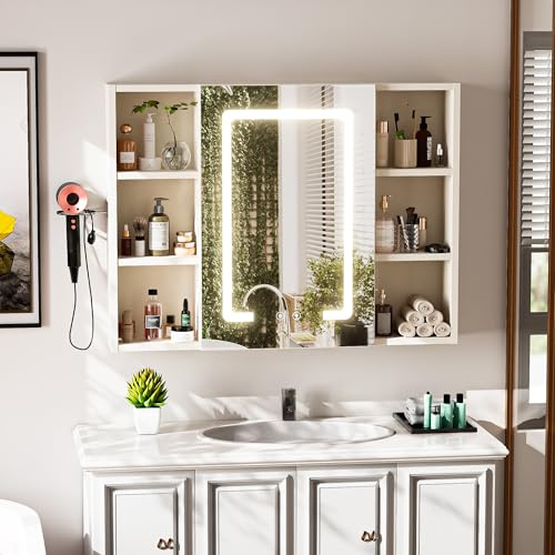 ChromaCasa Armoire Miroir de Salle de Bain avec Miroir Anti-buée à LED avec Espace de Rangement, Armoire Murale Peu encombrante, Armoire de Salle de Bain avec éclairage pour Petites (80 x 15 x 60 cm)