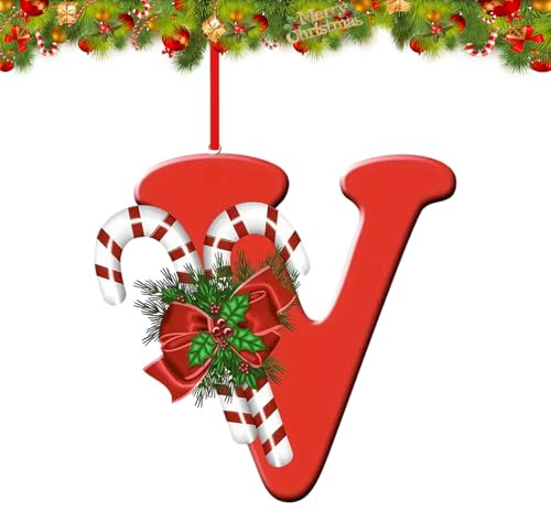 YUDANSI 26Letter Christmas Decorations, Personalised Christmas Ornaments(V) | Red DIY Hanging Christmas Tree Decorations, Candy Cane 26 Alphabet Pendants for Christmas Baubles, Xmas Home Decorations