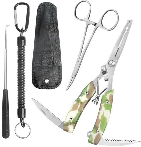 5Pcs Portable Fishing Pliers Set with Lanyard, Include Multi Pliers Tool,Curved Fishing Forceps, Disgorger Fishing for Hook Remover, Split Ring, Fishing Gift for Dad on Father's Day (Camouflage)