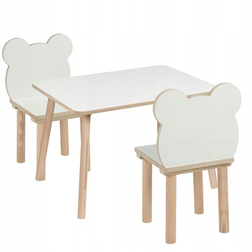 PlayPals Furniture Kindertisch + 2 Bären‑Stühle Set 70×50×47 cm – Tisch & Stuhl Set für Kinder aus MDF & Holz – naturbelassen, kindersicher, abgerundete Kanten, stabil – für Kinder 3–7 Jahre