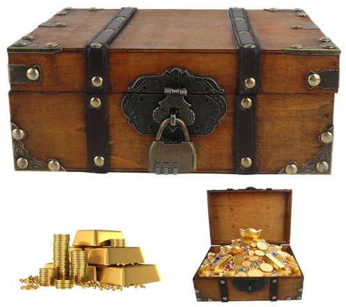 XEERUN Vintage Holz Schatztruhe, Aufbewahrung Schatzkiste mit Zahlenschloss, Schatztruhe Kinder, Holztruhe Piratenkiste, für Aufbewahrung und Dekorieren Geschenke (18 x 10 x 11cm)