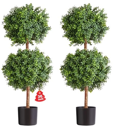 VEVOR Artificial Topiary Boxwood Double Ball, 2 Set 914mm Faux Boxwood Plant Balls, Fake Silk Tree Look Real, Easy Assembly for Decor Front Porch Outdoor Patio Garden Balcony Backyard Indoor