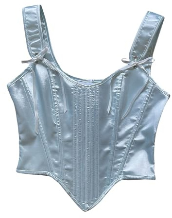 Women Renaissance Corset Tops Style 66 Tie Strappy Front Bustier with Boned Waist Cincher Shapewear Vintage Lace-up Overbust Corsets Push Up Bodysuit for Steampunk Halloween Cosplay Light Blue