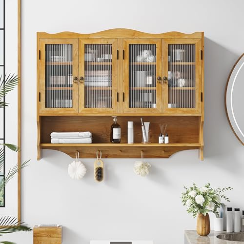 Retro Wandschrank 100 cm mit 4 Glastüren – Hängeschrank Massivholz, 2 verstellbare Regale bis 10 kg, offene Hakenleiste unten bis 20 kg, wandmontiert für Bad, Küche, Esszimmer, Natürlich