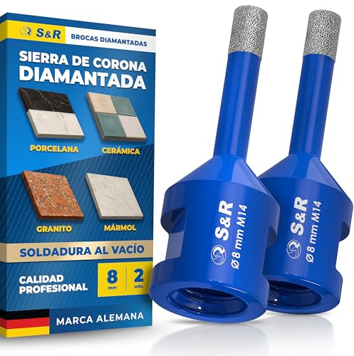 S&R Professional 2-tlg Diamantbohrer M14, Diamant Fliesenbohrer Set 8mm für Winkelschleifer, für Harte Keramik, Feinsteinzeug, Granit, Porzellan, Marmor, Fliesen Bohrer Set, Diamantbohrer 8mm