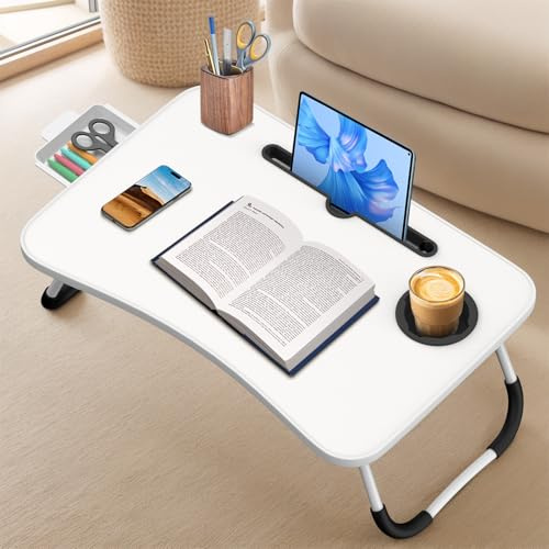 WoRaum Klappbarer Laptop-Schreibtisch 60x40cm – Leichter, Multifunktionaler Bett Schreibtisch mit Kartenschlitz, Tassenträger & Schublade (Weiß)