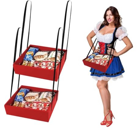 2 Pcs Wearable Usherette Trays, 20's Theme Costume Accessory, Hands-Free Movie Snack & Halloween Popcorn Trays, Collapsible Hawker Tray for Stadium & Parties, 12.6 x 11 x 3.2 in, Red