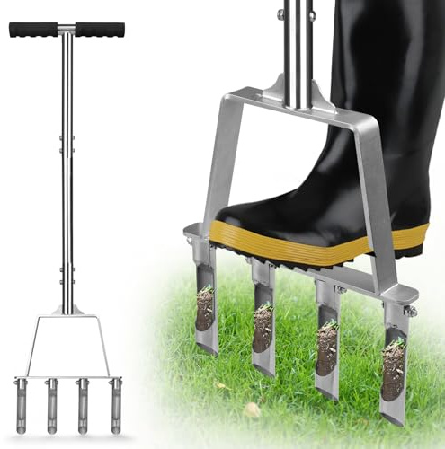 Qdreclod Rasenlüfter aus Edelstahl, 4 Zinken Hohlzinken, Manueller Rasenbelüfter & Aerifizierer für Verdichteten Boden, Lehmboden & Sandboden, Verstopfungsfrei für Hobbygärtner & Rasenpflege