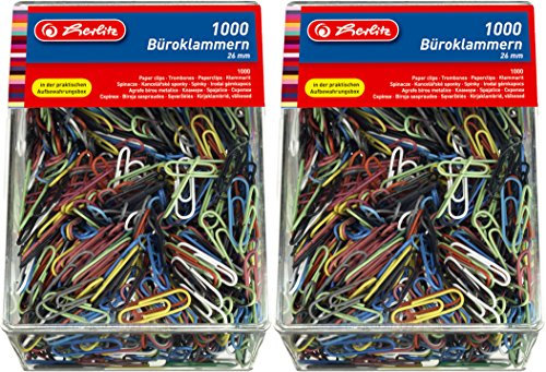 Herlitz Büroklammern 26mm, Farbig Sortiert, 1000 Stück in praktischer Aufbewahrungsbox (2 Boxen, Mehrfarbig)