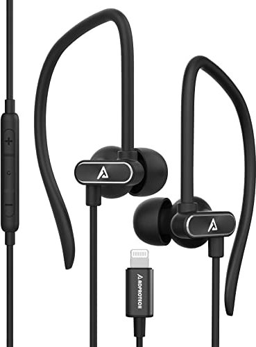 ADPROTECH Écouteurs Lightning avec Crochet auriculaire pour iPhone 14/13/12/11 Pro Max/X/XS Max/XR - Certifié MFi avec Micro - Noir