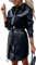 ORANDESIGNE Damen Lederkleid Einreihiges Hemdkleid mit Gürtel Einfarbiges Langes Bluse mit Umlegekragen Lange Ärmel E-Girl Streetwear Minikleid A Schwarz S