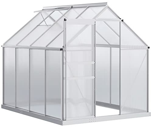 Outsunny Serre de Jardin en Polycarbonate 4,8 m² dim. 1,9L x 2,53l x 1,99 m avec Fondation, Lucarne réglable, Porte coulissante - Argent et Transparent