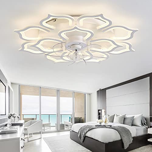 ycwdcz Grand Ventilateur De Plafond avec Lumière Et Télécommande Ventilateur Silencieux Plafond LED Réglable 6 Vitesses Moteur DC Réversible pour Chambre Salon Fleurs Lustre Plafonnier-White||80CM