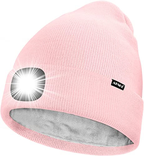 ATNKE LED Mütze mit Licht,Wiederaufladbare USB 4 LED Beleuchtete Laufmütze Extrem Heller Lampe Winter Warme Gefüttertes Fleece Stricken Mütze für Herren und Damen Geschenke/Light Pink