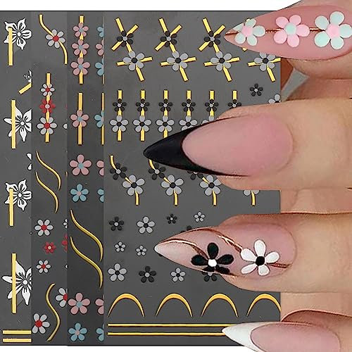 Nagelsticker Selbstklebend, 9 Blatt French Nail Art Stickers Schwarz Weiß Rosa Gold Blumen Nagel Aufkleber Sticker 3D Nail Art Striping Tape Nageldesign DIY Maniküre Dekoration