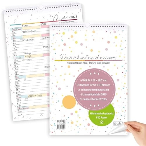 TOBJA Paarkalender 2026 - Dots Design Bunt Kalender 2026 3 Spalten, 30 x 21 cm | Planer für zwei 2026 inkl. Ferien & Feiertage | Kalender für zwei