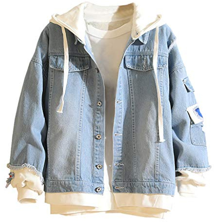 OBiQuzz jeansjacka herr vintage jeansjacka för män med huva smal passform långärmad fritid huvtröja tvätta jeans jackor huvrockar kostymer unisex jeans pullover toppar innerjacka, Ljusblå, XXL