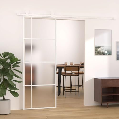 Rantry Puerta corredera de granero, color blanco, 76 x 205 cm, estilo moderno, vidrio templado esmerilado y aluminio, material de construcción interior para el hogar