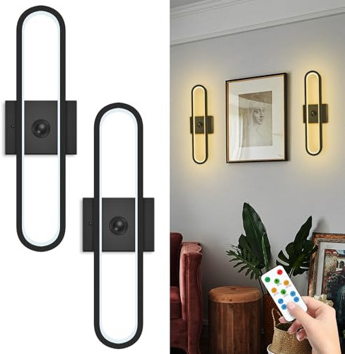 Yogaret 2 Stück Led Wandleuchte Dimmbar, Kabellose Akku Wandleuchte mit Fernbedienung, Wandleuchte Innen Ohne Stromanschluss, Wandlampe Schwarz mit Timer für Schlafzimmer Wohnzimmer Treppenhaus