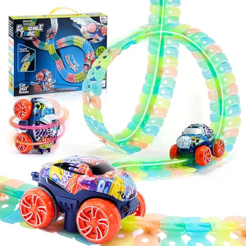 Autorennbahn Auto Spielzeug, 112PCS Leuchtend Autorennbahn für Kinder Flexibles Rennbahnen, Cars Spielzeug Geschenke 3 4 5 6 jährige Jungen und Mädchen, An der Wand Laufen, Gesamtlänge 2,7 m
