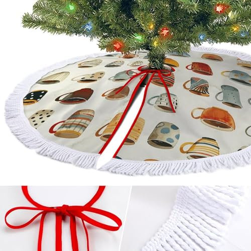 30x30 Christmas Tree Skirt Tassel Christmas Tree Mat Different Mug Paintings Tree Skirt Christmas Tree Decorations Farmhouse Rustic Xmas Tree Skirt for New Year