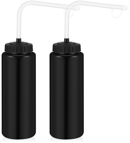 Domensi 2 Pack 1 Liter Sports Water Bottle with Long Straw Hockey Lacrosse Water Bottle with Straw Bpa Free Easy Squeeze Plastic Use with Sport Helmet in Football Baseball(Black,No Printed)