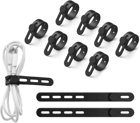 10Pcs Reusable Silicone Cable Ties with Lock Buckle - Adjustable Cord Organizer Wrap, Elastic Wire Ties for Home Office Accessories, Durable Rubber Bands for Charger,Computer,USB Cables (Black)