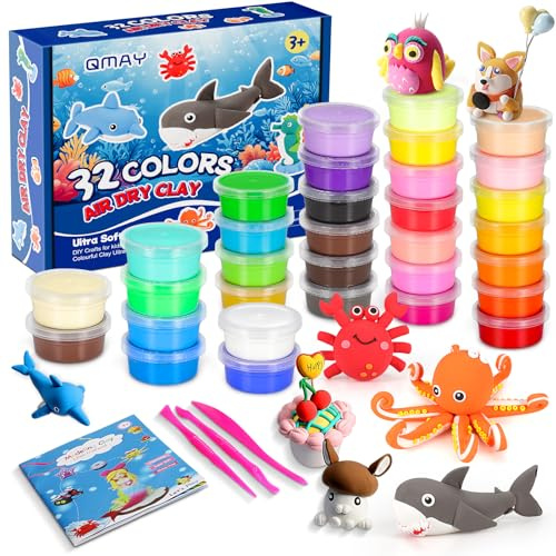 QMay Modelliermasse Lufttrocknend, 32 Farben Magischer Knete für Kinder | Air Dry Clay, Lufttrockener mit Modellierwerkzeugen Geschenk für Jungen und Mädchen im Alter von 3-12 Jahren