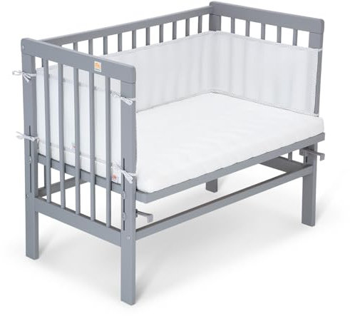FabiMax Baby Beistellbett Basic, stufenlos höhenverstellbar, Buche massiv weiß lackiert (Matratze Comfort, Punkte)
