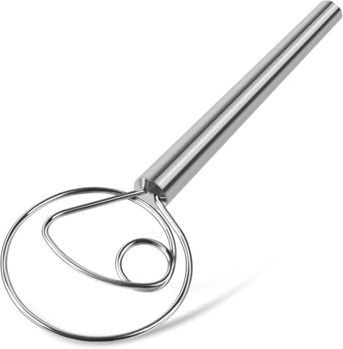 Danish Dough Whisk Stainless Steel Dough Hook Dutch Whisk for Sourdough Bread Dough Mixer Hand Wooden Handle Kitchen Whisking Mixing Tool Bread Making Tools and Supplies (Stainless Steel 1-Eye)