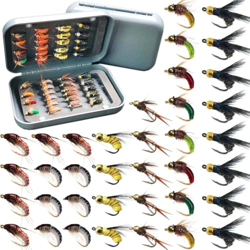 Qitewwrme 40/48/54/114pcs Fly Fishing Flies Kit Fly Assortment with Dry/Wet Flies,Nymphs,Streamers,Popper Midges,Moth,Worms Trout Bass Fishing Fly Lure/Bait (40Pcs/Box(6 Mixed Styles))