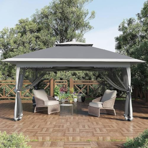 pergola Giardino Esterno 12 x 12FT Grigio Antracite a Doppio Tetto, Gazebo Zanzariera Telaio Acciaio, Impermeabile Anti-UV50+, Terrazza Belvedere per Giardino Barbecue Reception