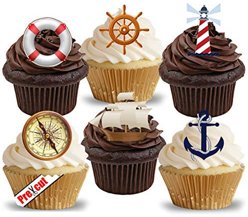 Anglesit Pre-Cut Nautical Sailing Ship & Accessories Edible Rice/Wafer Paper Cupcake Cake Dessert Toppers Birthday Party Decorations