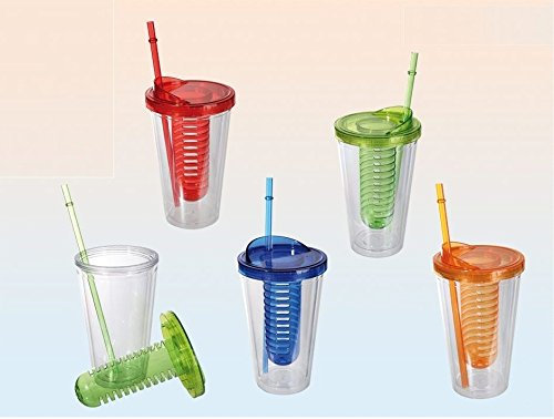 Trinkbecher mit Deckel, Filtereinsatz und Trinkhalm, in blau rot grün oder orange z.B. für Detox Wasser (rot)