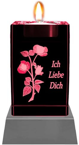 Kaltner Präsente Stimmungslicht Kristall Glasblock mit 3D Gravur/Ich Liebe Dich Geschenke für Frauen, Männer/Jahrestag Geschenk für Sie, Ihn/Gravur Herz/Teelichthalter