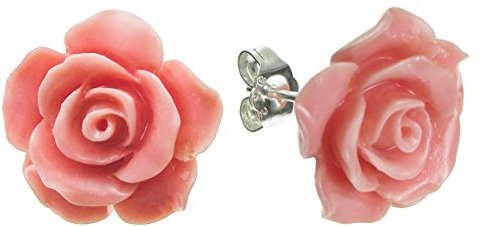 Orecchini in argento Sterling color corallo simulato a forma di rosa, da 15 mm, chiusura a farfalla e argento, colore: Pink, cod. QE1122-223X2