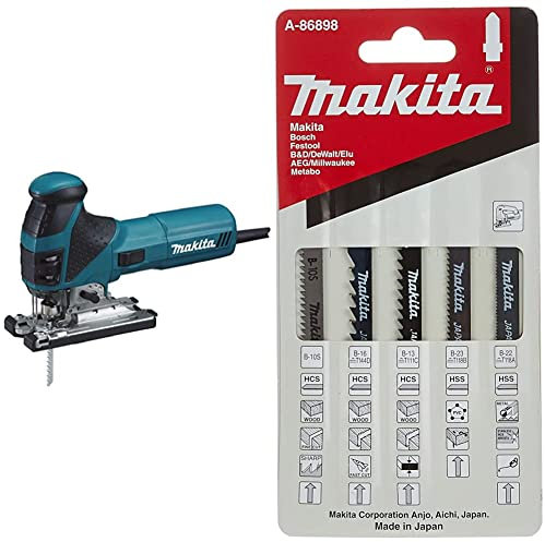 Makita 4351FCTJ Scie Sauteuse à Pendule 135 mm, avec LED, 720W & A-86898 Lot de 5 lames pour scie sauteuse