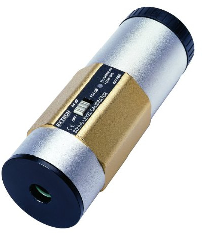 Extech 407766 Sound Calibrator, 94/114dB, 1kHz, for 0.5in and 1in Mics | IEC 60942, +/-0.5dB at 94dB, power LED, aluminum housing, 9V batteries, screwdriver, case